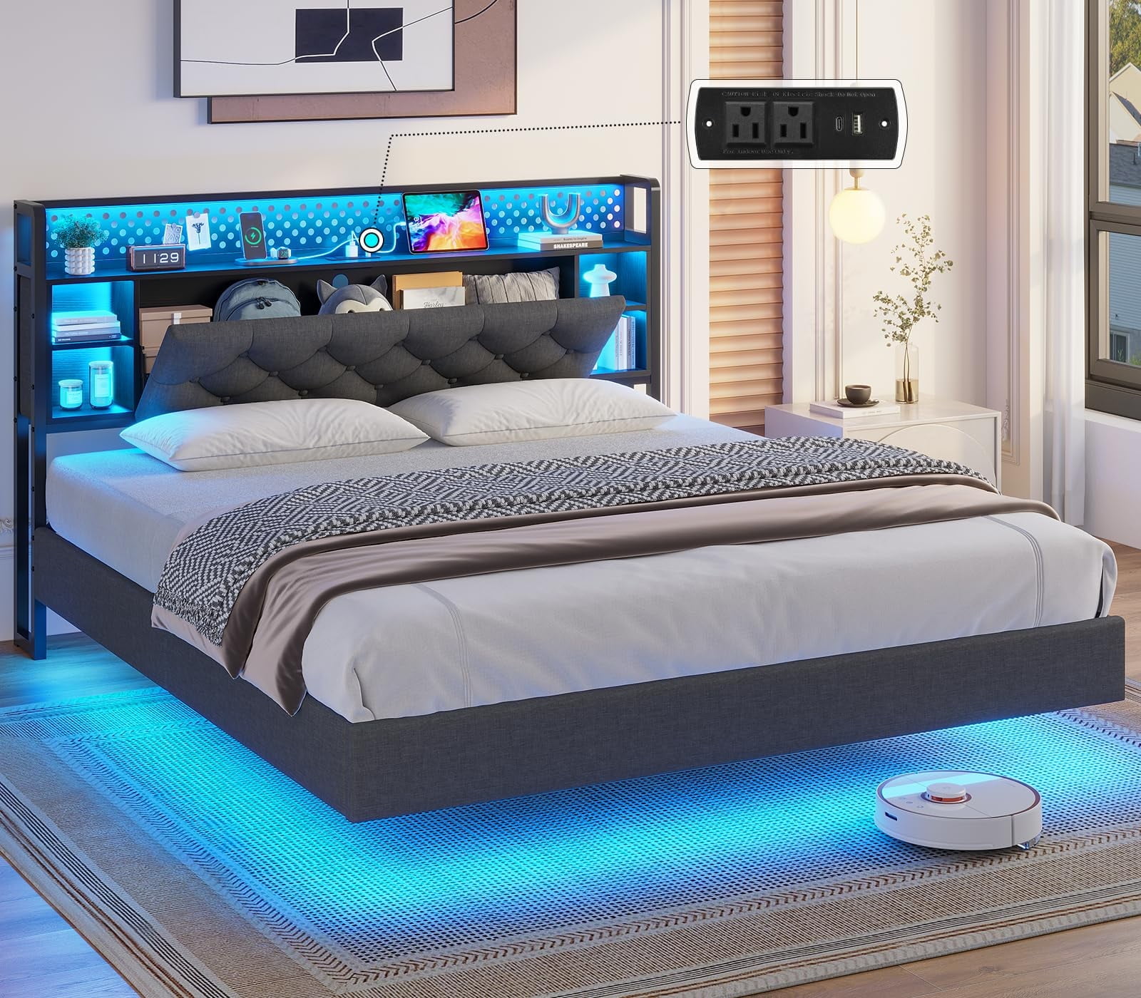 Floating Bed Frame Full Size with LED Lights Headboard, Visual Floating LED Bed Frame with Hidden Storage and USB Port Charing Station, No Box Spring Needed, Dark Grey