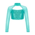 thumbnail image 2 of iiniim Girls Shiny Sequins Hollow Out Long Sleeve Crop Tops for Dance Workout Gymnastics Lake Blue 6, 2 of 7