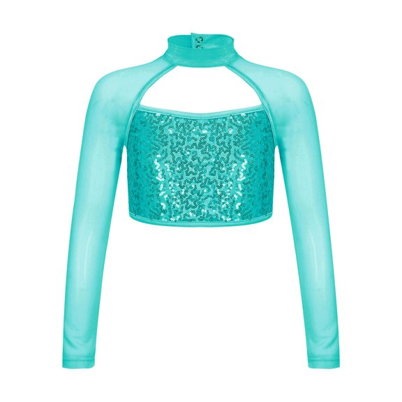 inhzoy Shiny Sequin Crop Top for Girls Mock Neck Ballet Dance Tops Lake Blue 6