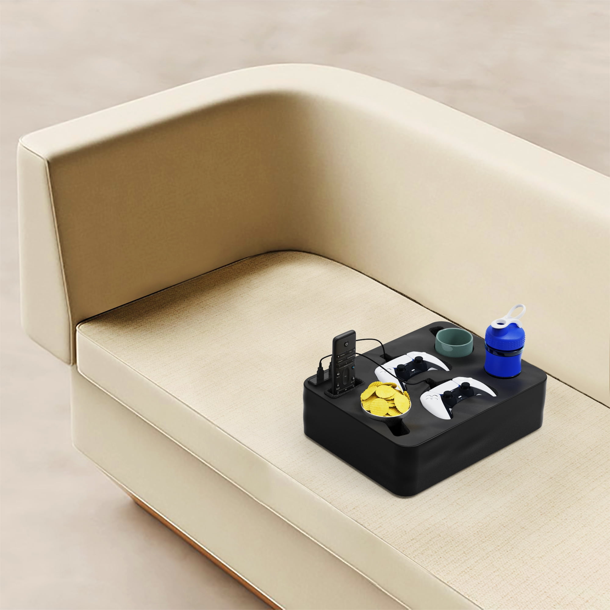 SofaBuddy Dual Controller Charger & Couch Cup Holder – Compatible with PS5, PS4 – Gaming Couch Accessory with Drink Holder, USB Charging Ports & Organizer