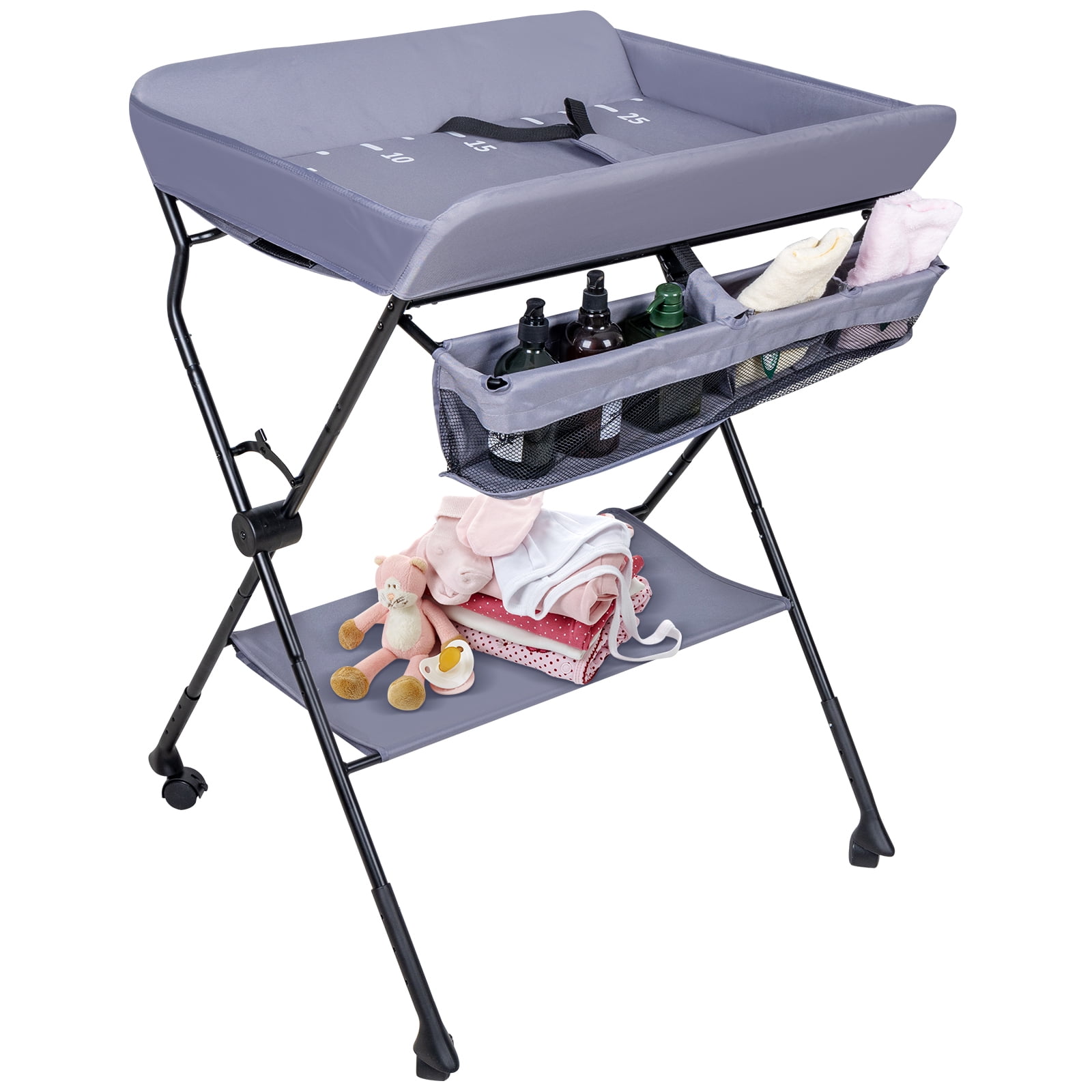 Costzon Baby Changing Table Gray+Pink Diaper Storage Nursery Station with Hamper and 3 Baskets 