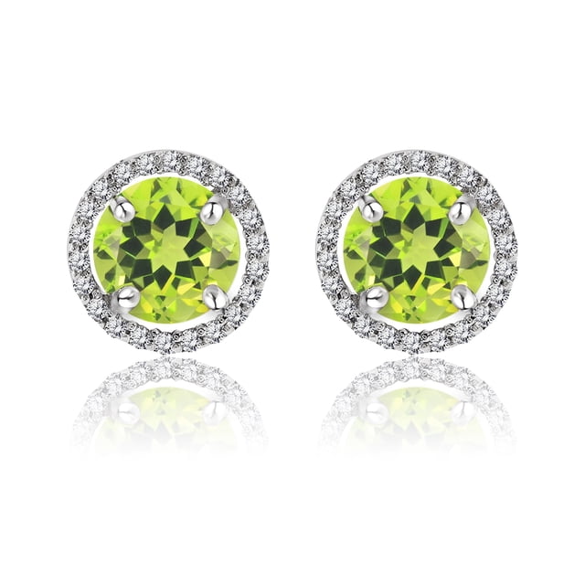JeenMata Pendientes de Botón con Halo de Peridoto de Talla Redonda de 1,25 Quilates con Piedra Natal de Agosto en Oro Blanco de 18 K sobre Plata