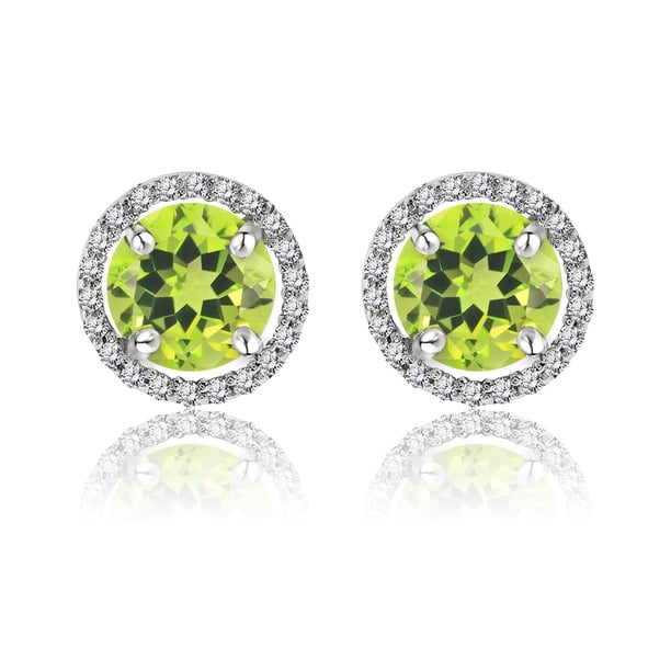 JeenMata Pendientes de Botón con Halo de Peridoto de Talla Redonda de 1,25 Quilates con Piedra Natal de Agosto en Oro Blanco de 18 K sobre Plata
