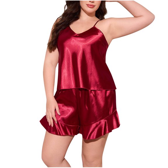 fatyb Plus Size Womens Pajama Sets Sleeveless Cami Tops and Ruffle Hem Shorts 2 Piece Sleepwear Outfits
