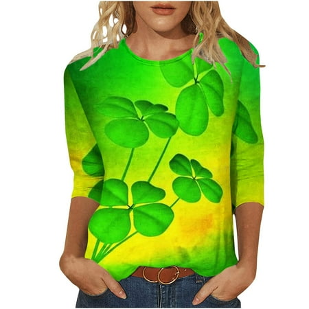 

Womens St. Patrick s Day Shirts Cute Green Gnomes Graphic Casual Crew Neck Tops Fashion Long Sleeve Graphic Tee Yellow shirts for women Large