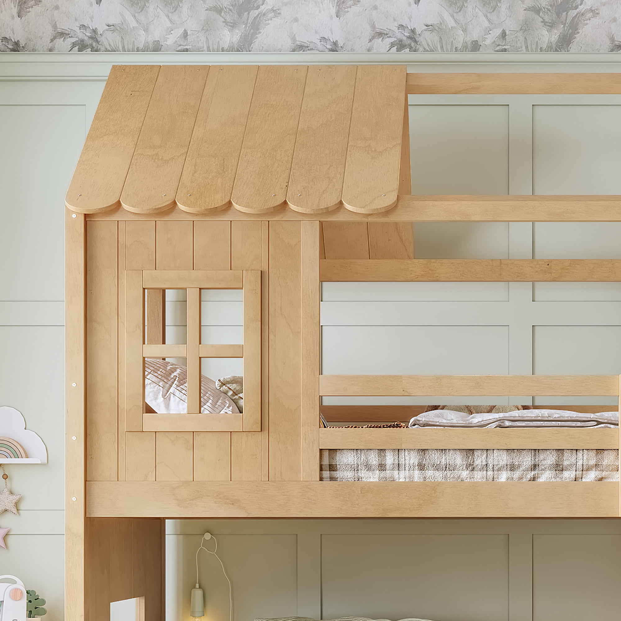 Twin over Full House Bunk Bed with Slide & Ladder, Wood Playhouse Bunk Bed with Storage Shelves & Wardrobe, Floor Bunk Bed for All Ages, Natural