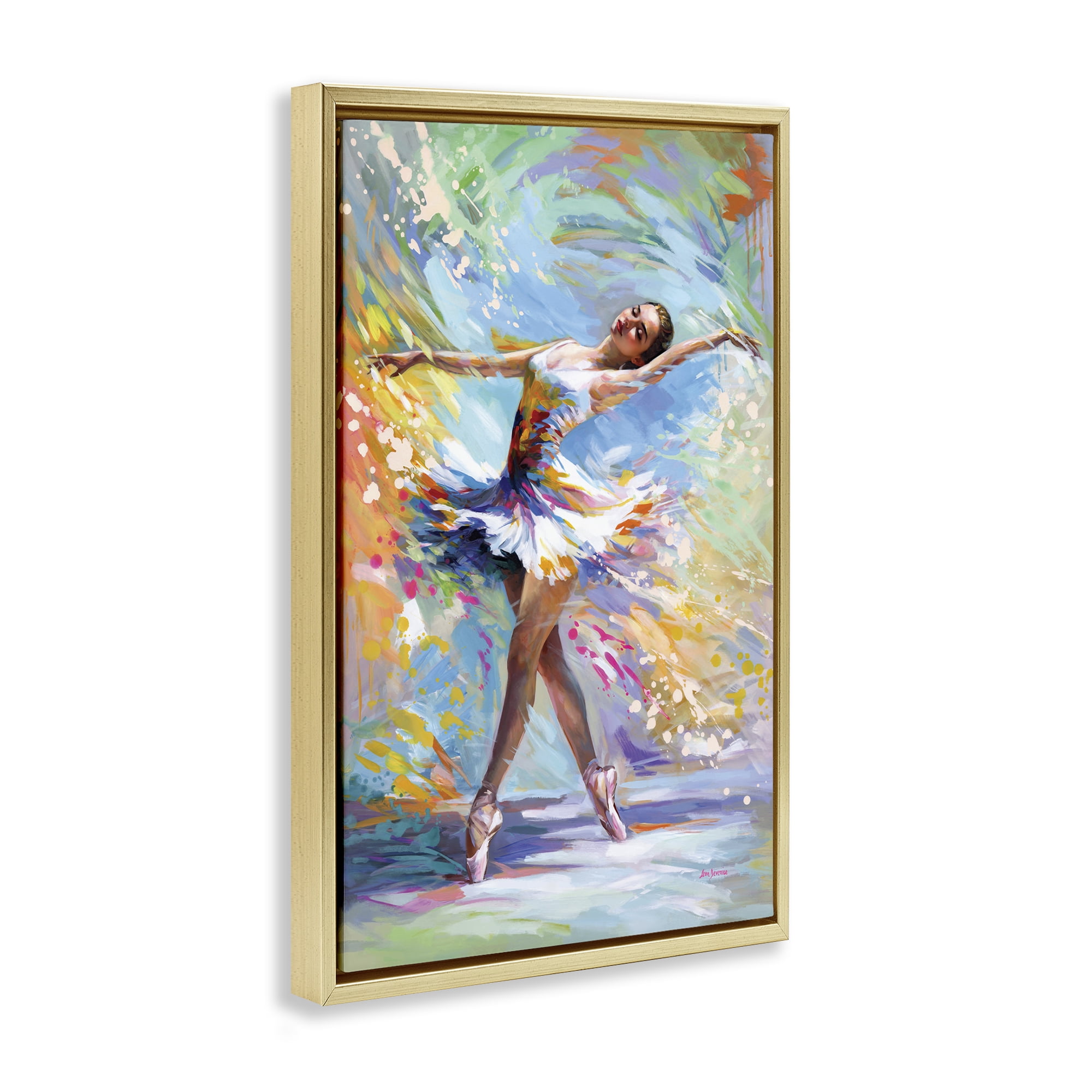 Stupell Industries Ballerina on Pastel Splatter Entertainment Painting Gold Floater Framed Canvas Art Print Wall Art, 17 x 25