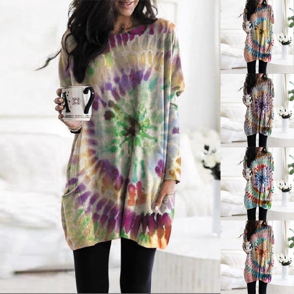 Women's Casual Loose Fit Tunic Top Long Sleeve Round Neck Printed Fashion Shirts Blouses for Daily Wear Office Work Vacation Outfits Gift for Women | Aestivo,Blue L