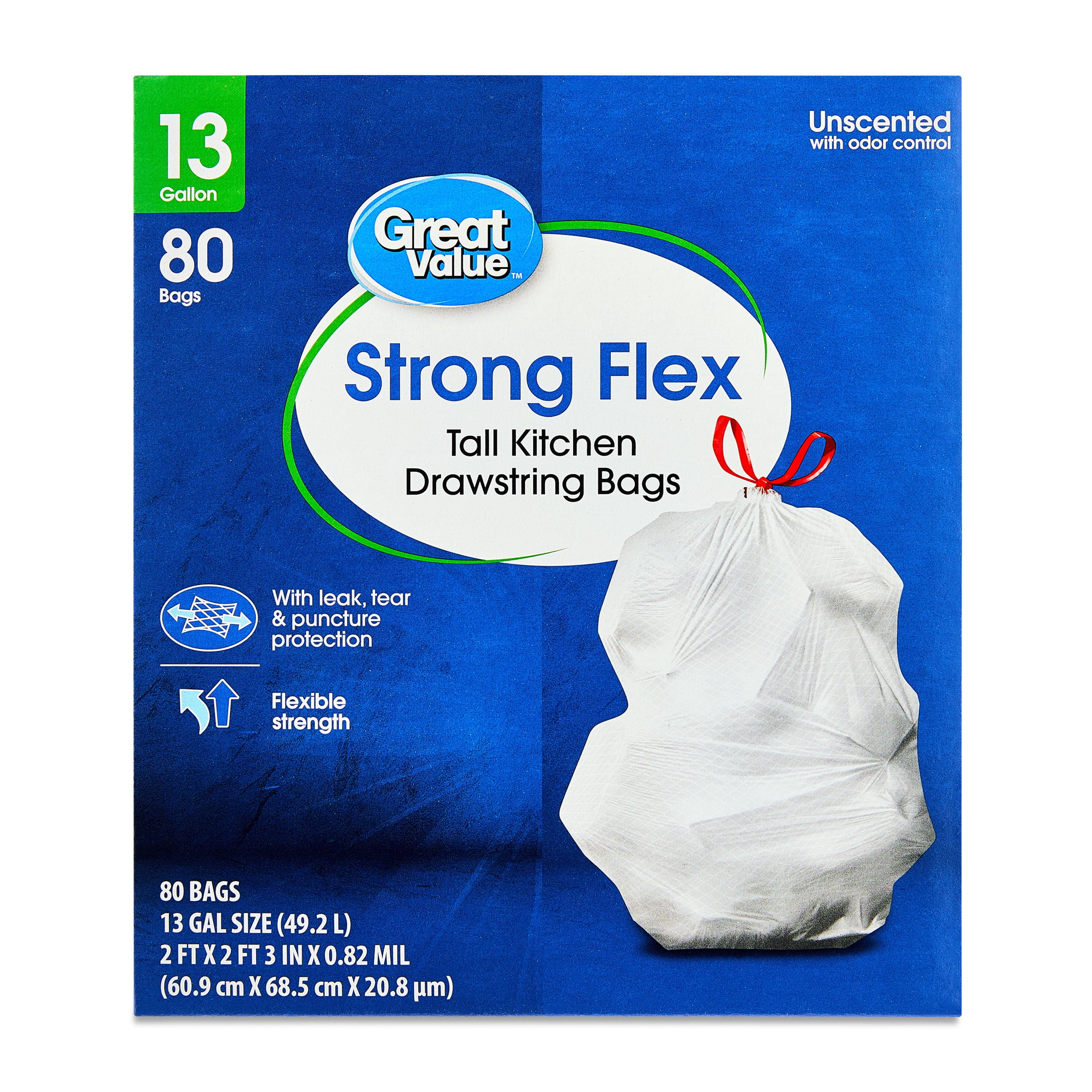 (3 pack) Great Value 13 gal Strong Flex Tall Kitchen Drawstring Garbage Bags, 80 Bags