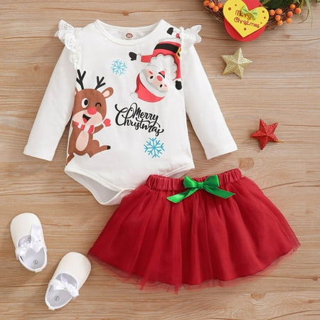 

CHGBMOK Christmas Deals New Baby Christmas Cute Little Elk Santa Claus Printed Romper + Red Mesh Skirt Two-Piece Suit Clearance