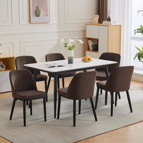 Dining Chair Set of 6, Linen Upholstered Dining Chair with Wood Legs, Wing Backrest, Wooden Kitchen Chair, Kitchen Chairs with Thick Cushions for Dining Room, Living Room, Coffee Brown