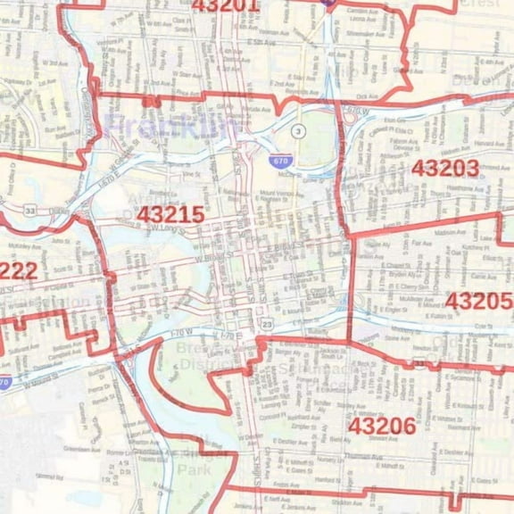 Columbus, Ohio Zip Codes - 36" x 48" Paper Wall Map