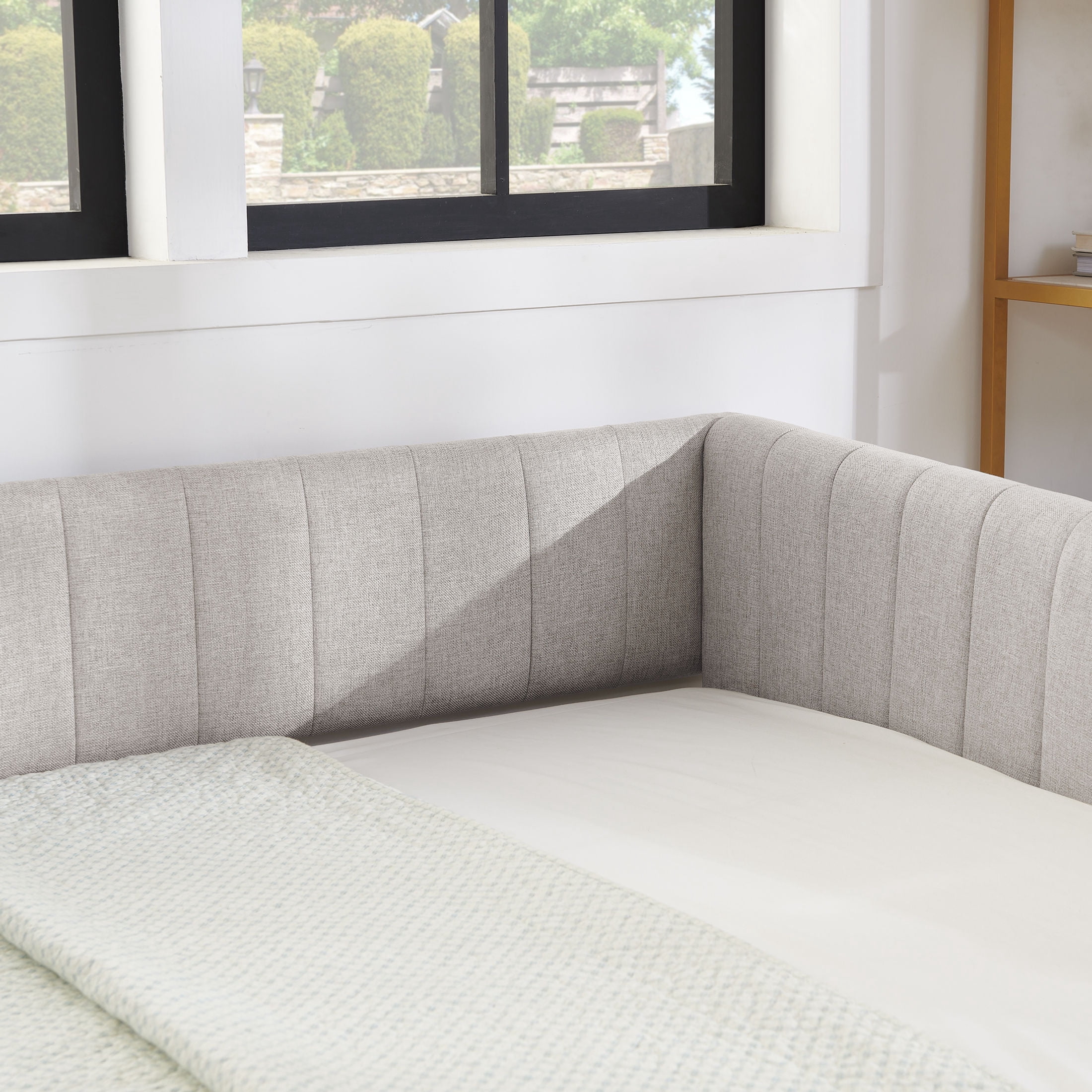 Noble House Solley Queen Size Daybed with Vertical Stripes & Pull-Out Trundle, Linen Upholstered Sofa Bed, Beige
