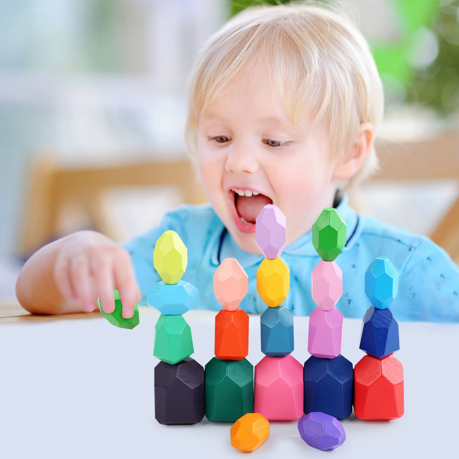 20Pcs Children Wooden Colored Stone Stacking Game Building Block Kids Toys Gift 