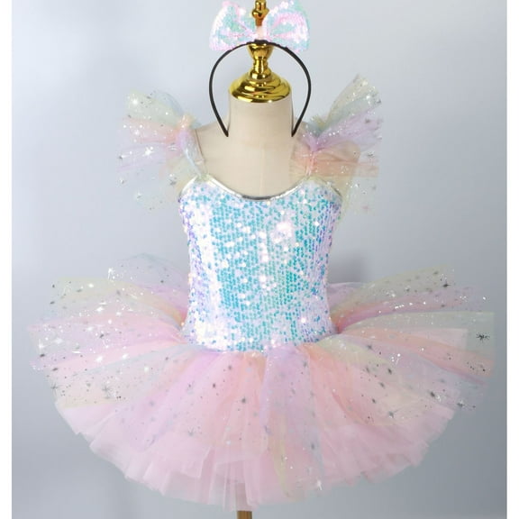 Girl Dress Sleeveless Concert Formal Elegant Sequin Sparkle Dance Mesh Dresses for Girls with 1-14 Years