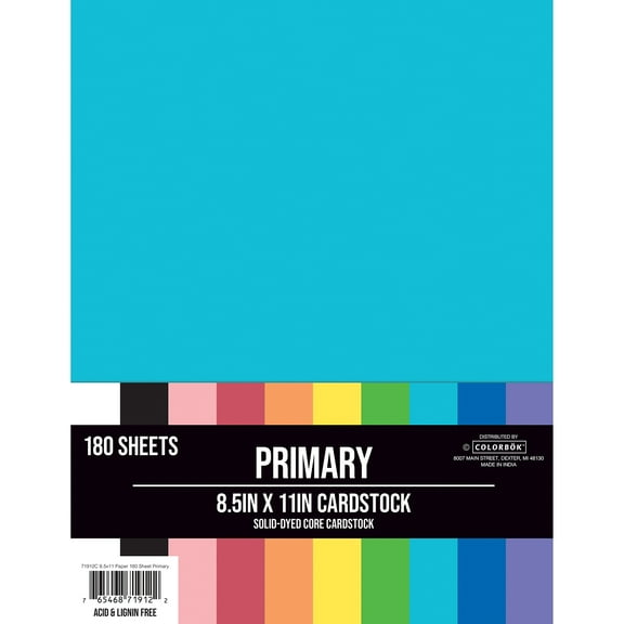 Colorbok Solid Primary Cardstock, 8.5" x 11", 108 lb./160 gsm, 180 Count