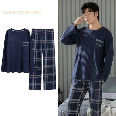 

QWZNDZGR Spring Autumn L-4XL Knitted Cotton Simple Men s Pyjamas Suits Pajamas Set Casual Male Sleepwear Pyjamas Night Pijamas Homewear