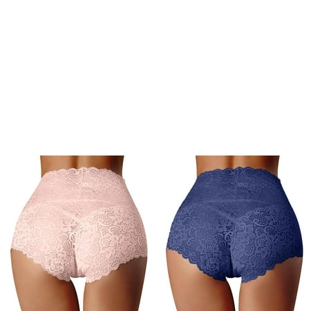 Wijhcboe 2 Pack Sexy Athletic Underwear Women Thong High Waist Underwear Women s Womens Underwear Seamless Bikini with Lace Thin Hollow Lace Ladies Panties Pure Cotton Crotch Large Size Belly Cotton