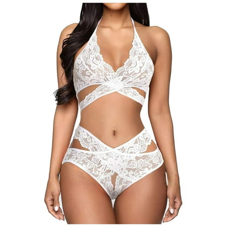 

Lace Pajama Lingerie Set for Women Babydoll High Waisted Bikini Underwear Ladies Sleepwear Bra + Thongs Sets