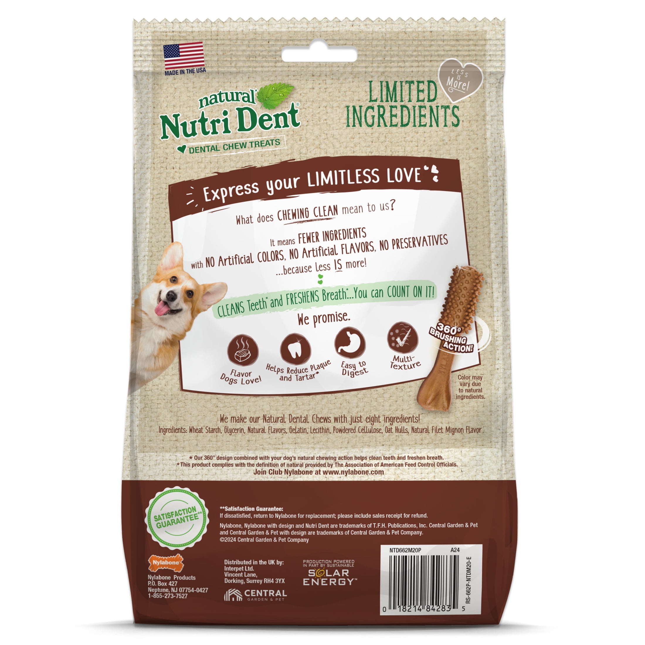 Nylabone Nutri Dent Natural Dental Chews for Dogs, Limited Ingredient Dog Treats, Teeth Cleaning Dental Sticks for Dogs, Filet Mignon Flavor, For Medium Dogs (20 Count)