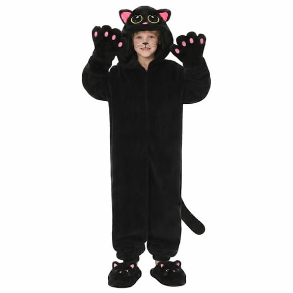 Coerni Boys Girls Black Cat Onesie Zip Up Hooded Jumpsuit with Pink Paw Gloves Cute Cat Ear Hood Halloween Christmas Party Dress Up for Kids