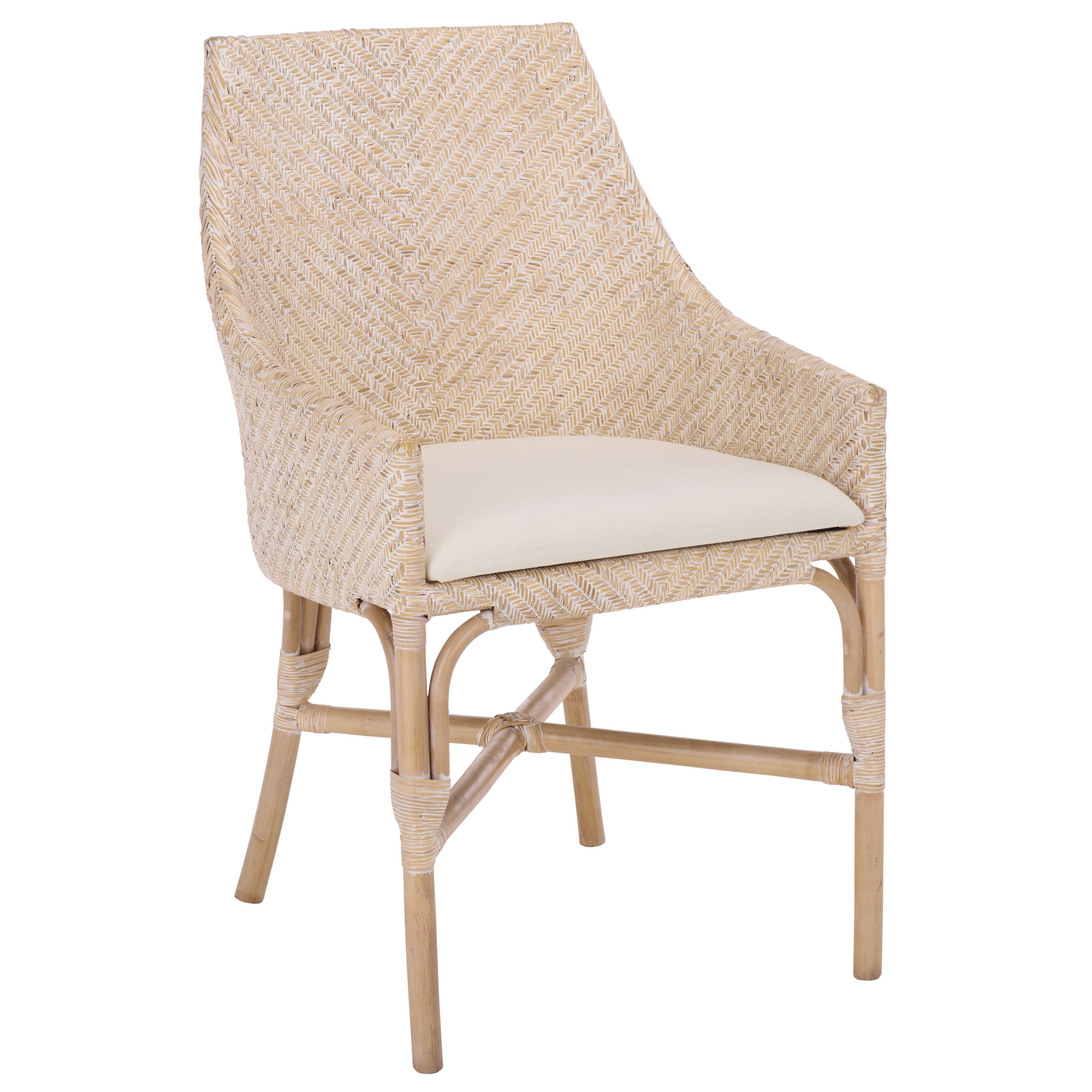 Safavieh Rikan Modern Rattan and Fabric Dining Arm Chair, White Washed/ Ivory