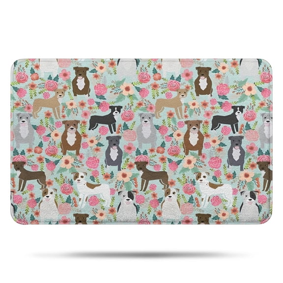 Cute Pitbull Terriers Dog and Flower Bathroom Rugs Mat,Non Slip Microfiber Bathroom Rug,Rubber Backing,Soft Bathroom Mats for Bathroom Floor,Tub and Shower,17x27in(43x68cm)