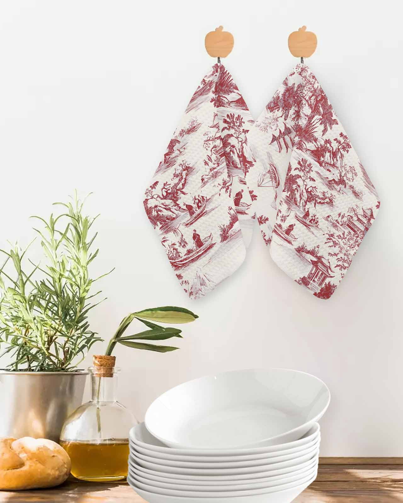 Red Garden Retro Kitchen Dish Towels for Drying Dishes Set of 3, Modern Art Building Tree Boat Waffle Weave Microfiber Terry Hand Tea Bathroom Towels Quick Dry & Absorbent Towel 12x12