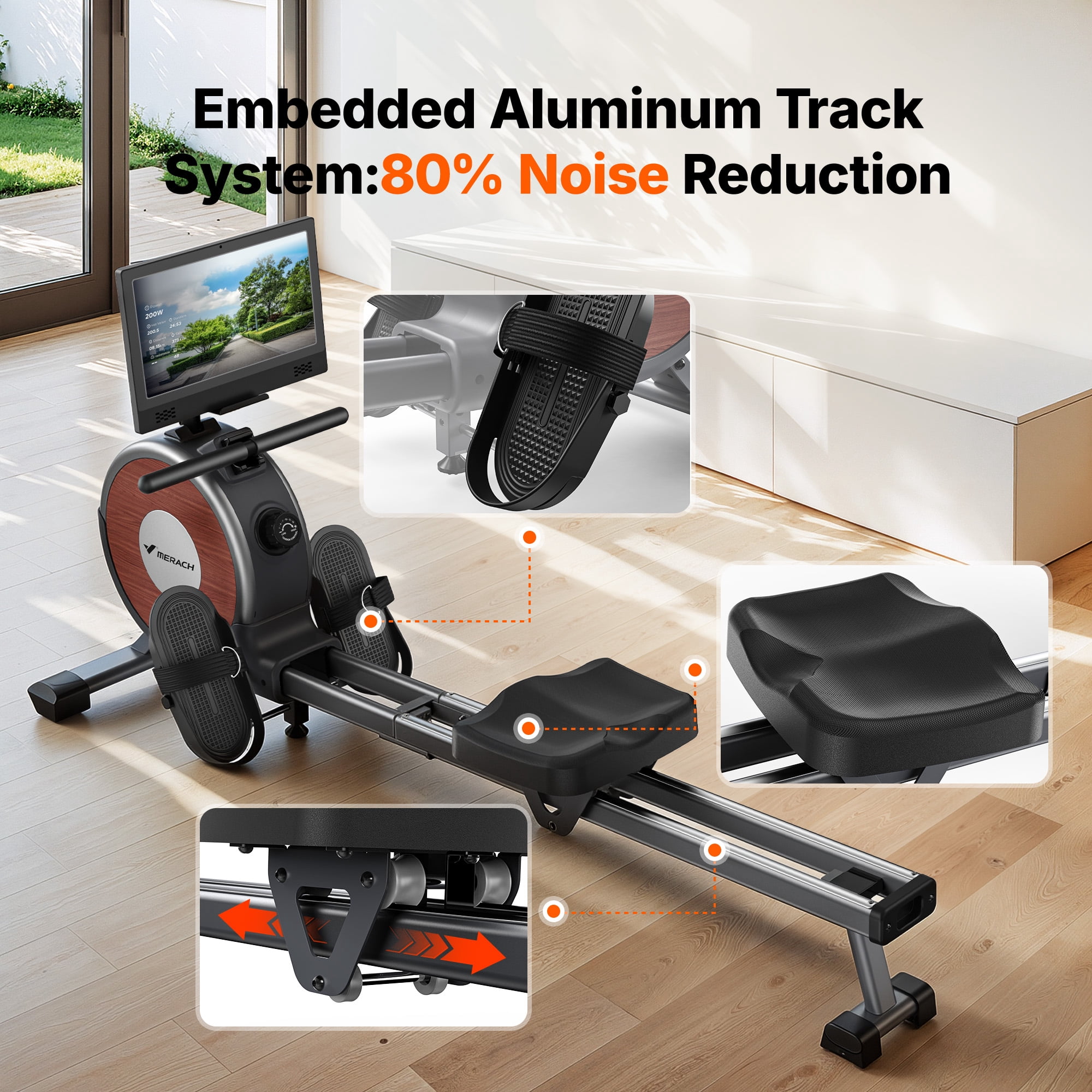 MERACH Rowing Machine with 15.6" HD Touchscreen, Magnetic Resistance Rower for Home, 16 Levels, Ultra-Quiet Dual Slide Rail, 350 lbs Capacity, App Compatible, Full-Body Workout