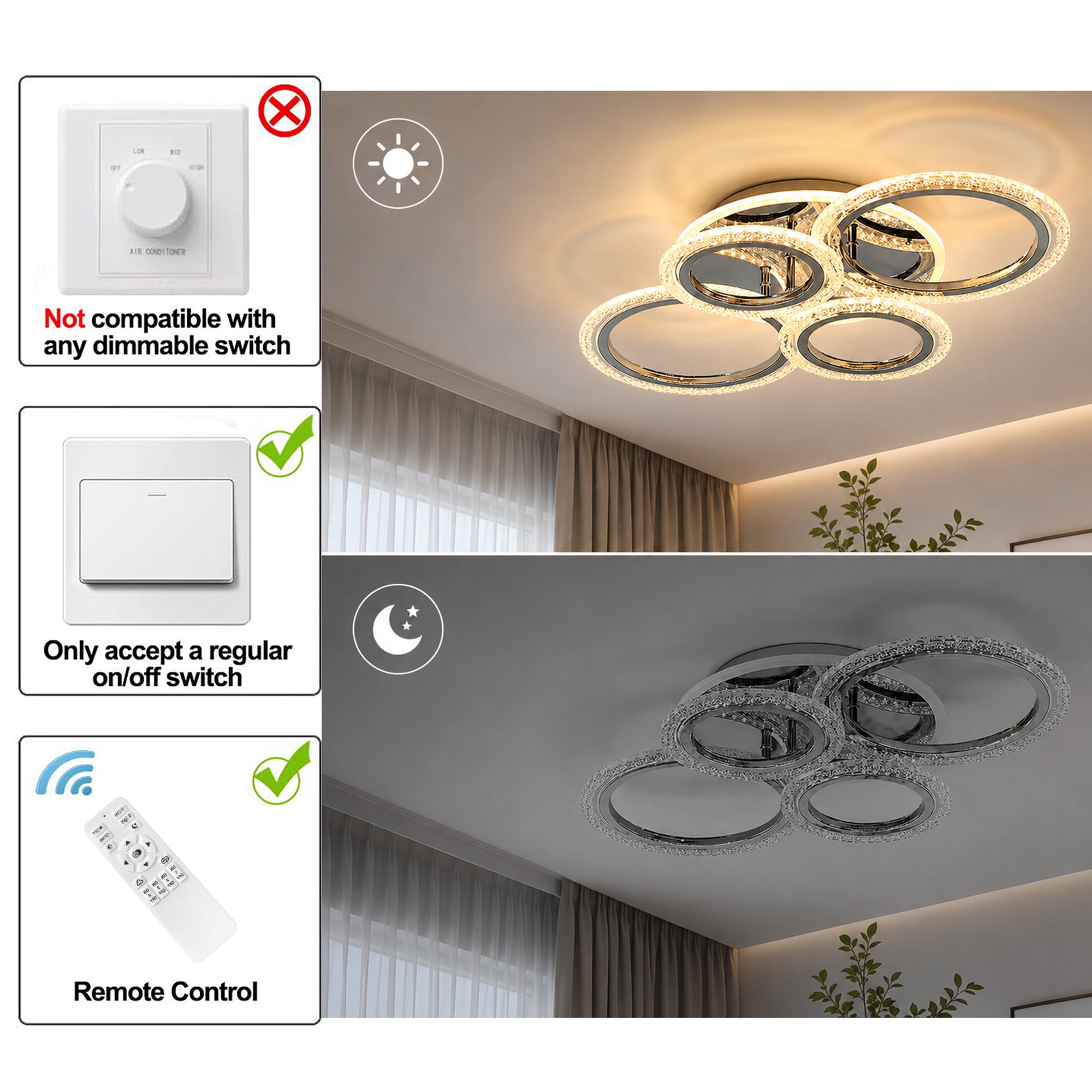 Garwarm Chrome 6-Ring LED Ceiling Light, Modern Dimmable 3000K-6500K Flush Mount Ceiling Light with Remote, Acrylic Ring Ceiling Lamp Fixture for Living Room, Dining Room, Bedroom