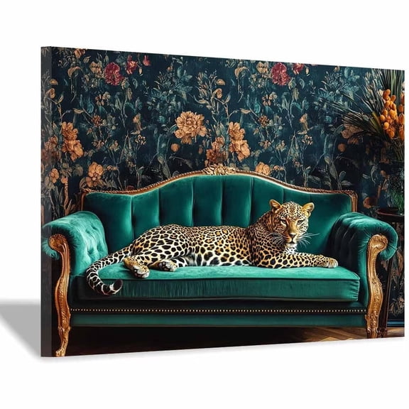 Mudket Framed Leopard on Green Velvet Sofa Canvas Wall Art, Luxury Leopard Print Room Decor for Living Room, Vintage Animal Wall Art, Ready to Hang - 12"L x 8"W