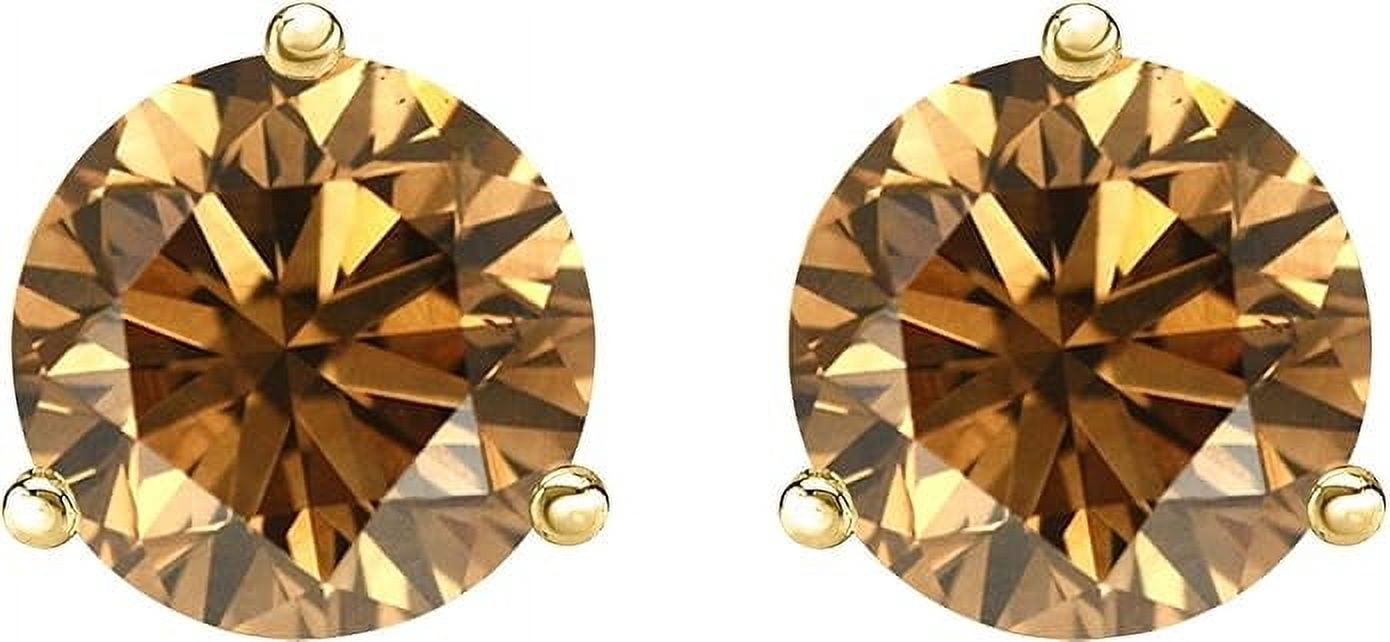 Divine Creation 2 Ct Round Cut Brown Diamond 3 Prong Push Back Womens Stud Earring 14K Yellow Gold Plated 925 Sterling Silver