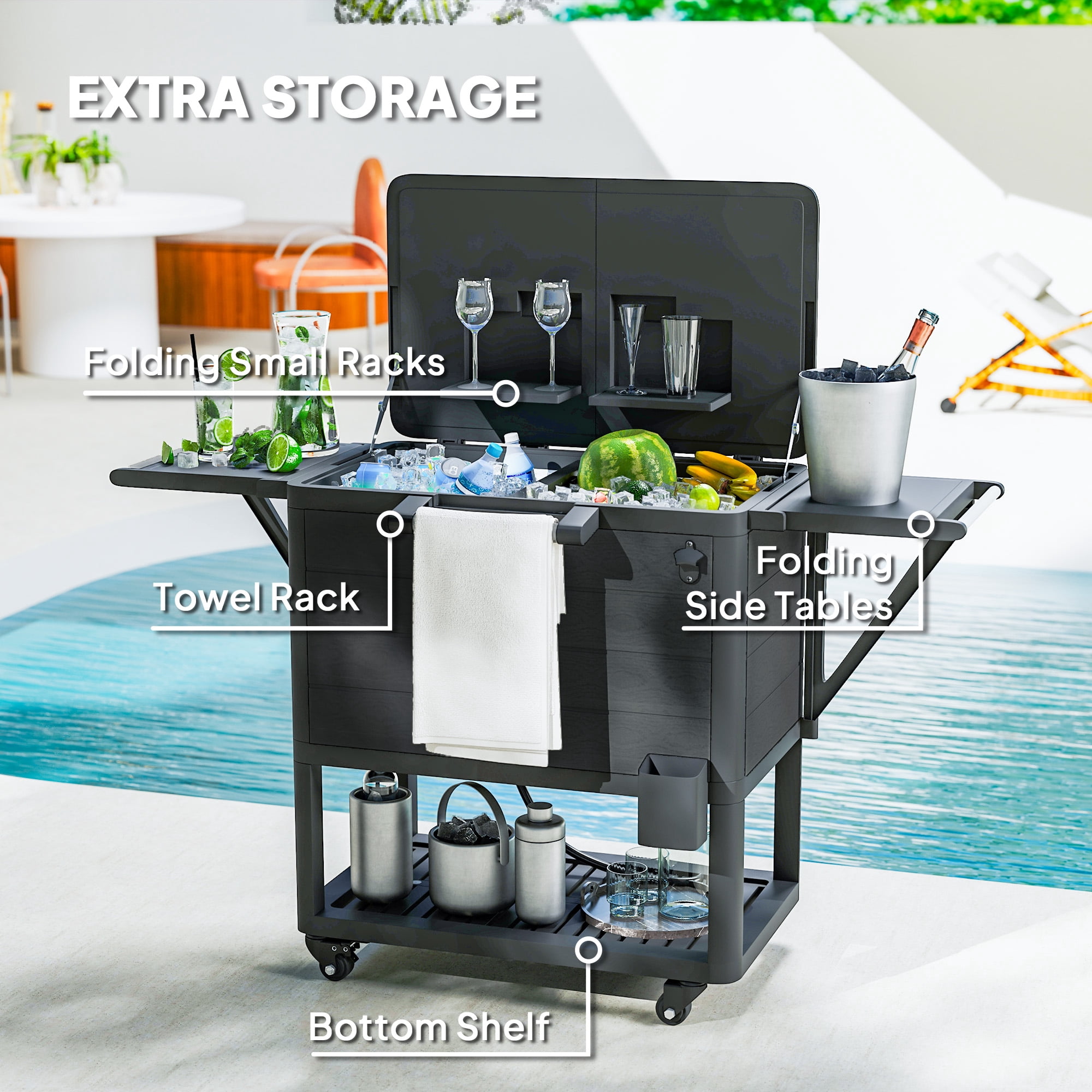 Homiyad 104 Quart Large Capacity Outdoor Cooler Cart, Patio Rolling Ice Chest with Bottle Opener Shelves Wheels, Black