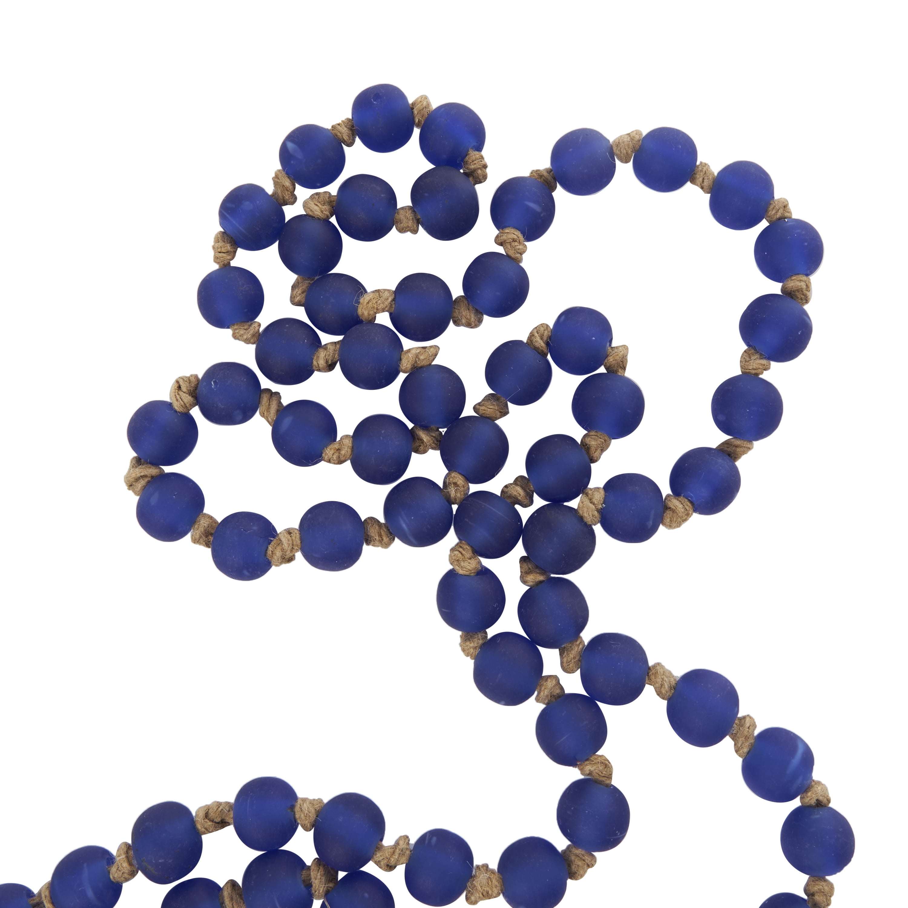 DecMode Handmade Round Long Frosted Beaded Blue Glass Garland with Tassel with Knotted Brown Jute