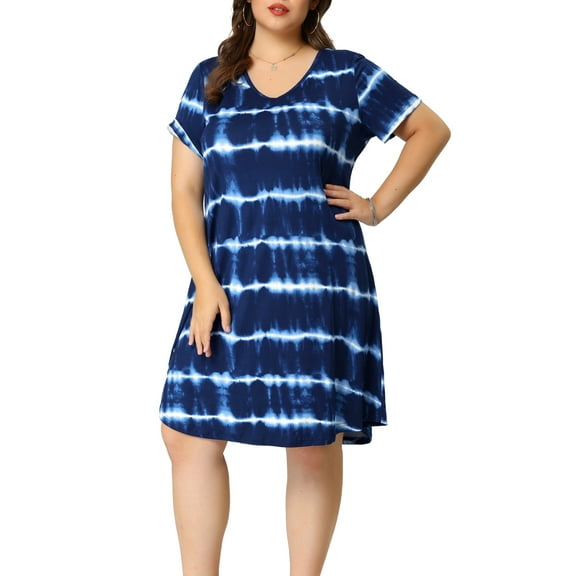 GRACE & GRANDEUR Women's Plus Size Dress Tie Dye Stripe V Neck Short Sleeve Summer Casual Midi T-shirt Dresses 2X Dark Blue