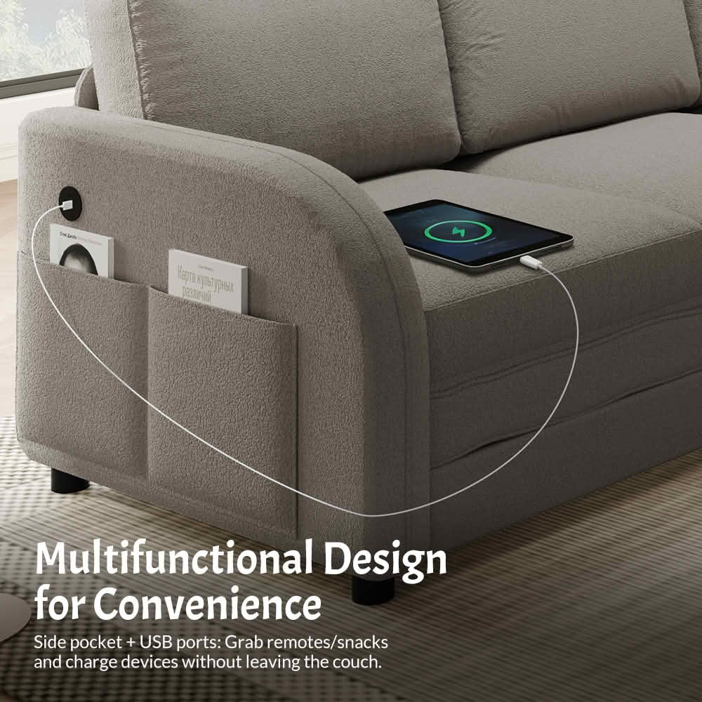 MAYEERTY 115.2" L‑Shaped Convertible Sleeper Sofa, Sherpa Fleece Sectional Couch with Pull‑Out Bed, Side Pocket & USB Port, Reversible Left/Right Chaise