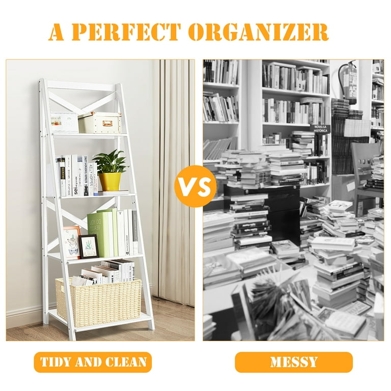 Costway 4 Tier Ladder Shelf Bookshelf Bookcase Storage Display Plant Leaning Shelf White