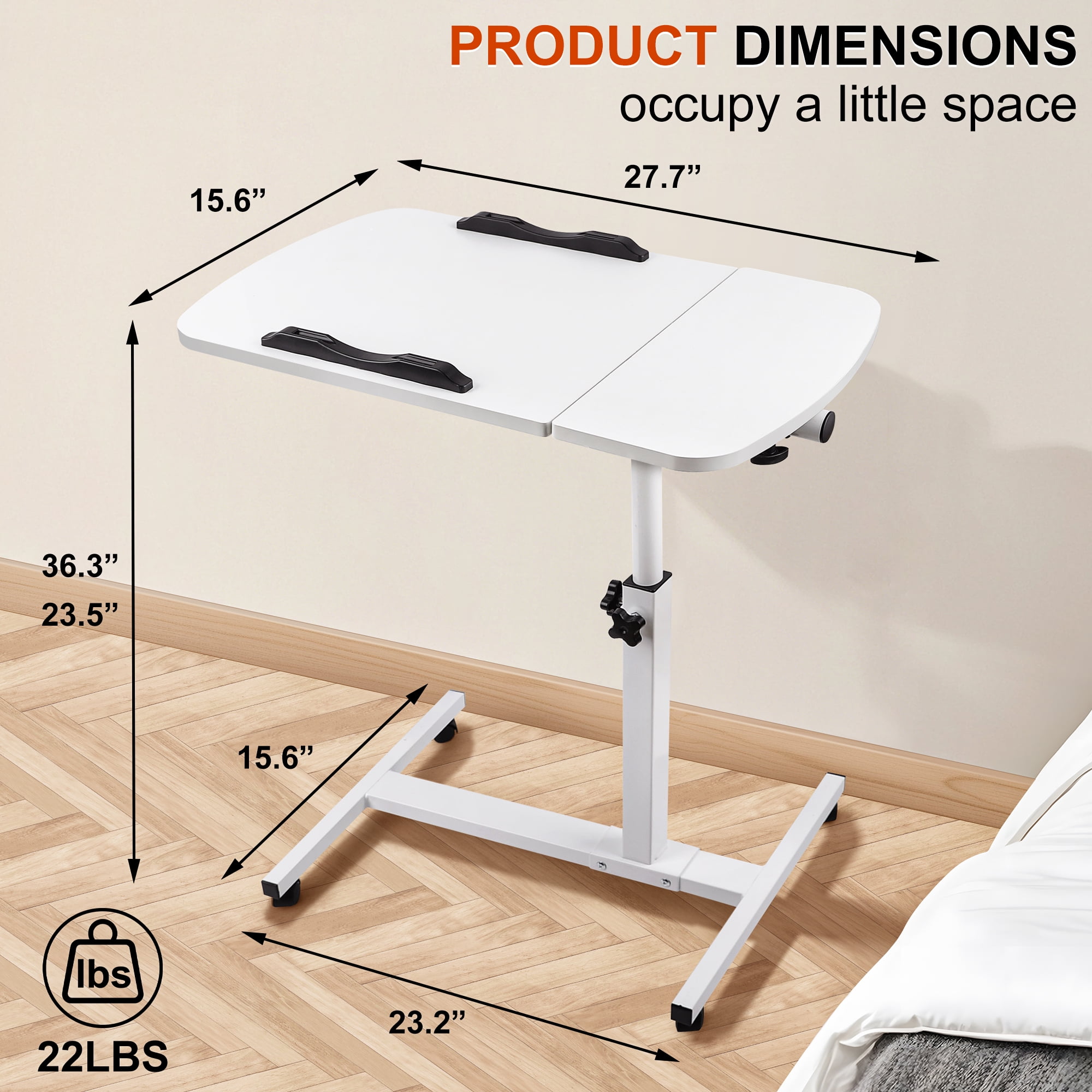 FOUKUS Mobile Compact Standing Desk: Height Adjustable Rolling Laptop Desk, Portable Laptop Stand 27.7" x 15.6" - White
