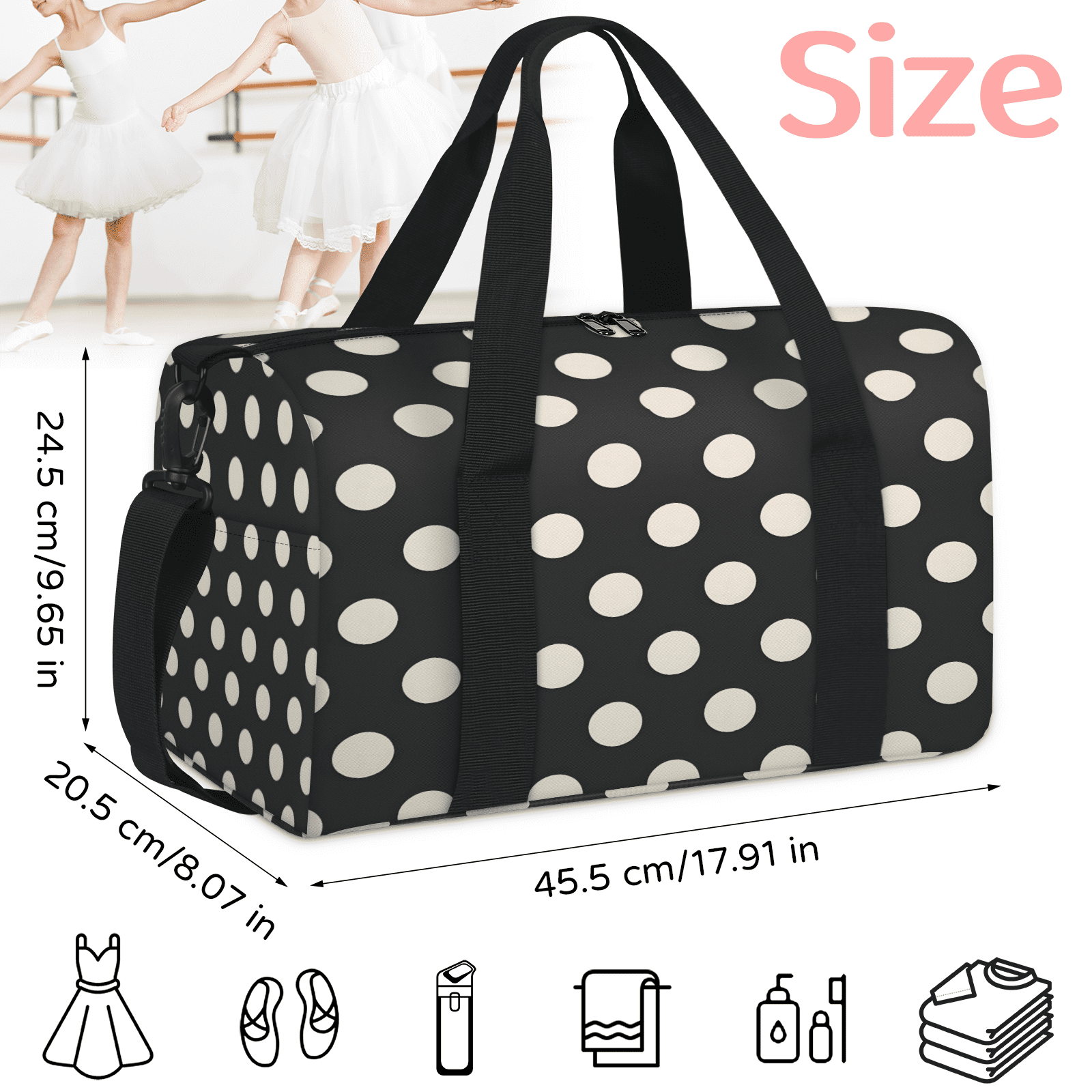 Herdesigns Polka Dot Black White Gym Bag for Women, Duffle Bag for Travel Sport, Lightweight Waterproof Carry on Weekender Overnight Dance Yoga Workout Bags