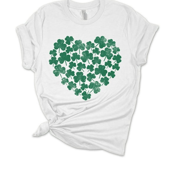 Womens St. Patrick's Day Tshirt Distressed Lucky Shamrock Heart Short Sleeve T-shirt-White-large