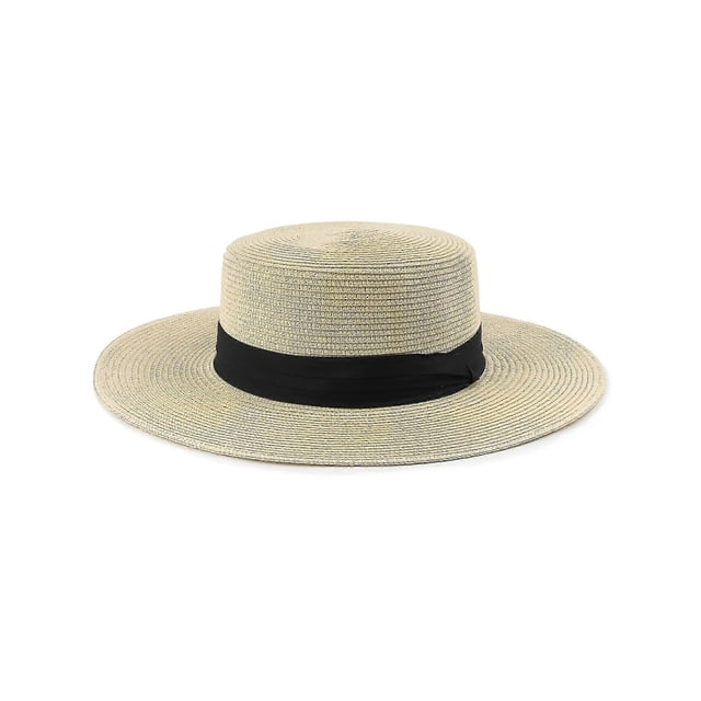 xxl oversize straw boater hats,large summer travel sun hats, packable beach hat with chin strap XXL straw boater hat centered on white background; flat crown and wide brim in natural paper-straw weave with a black ribbon band, product specs note internal adjustment cord and detachable chin strap, packable for travel, fits 63–65 cm (24.8"–25.6"). Often used as a compact travel sun hat for beach or sightseeing.