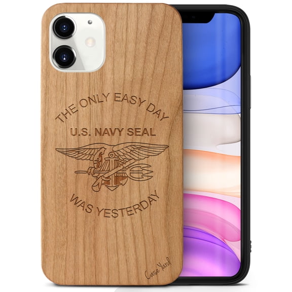 Case Yard Wooden Case Outside Soft TPU Silicone, Slim Fit Shockproof Wood Protective Phone Cover for Girls Boys Men and Women, Supports Wireless Charging Navy 1 Design case for iPhone-11