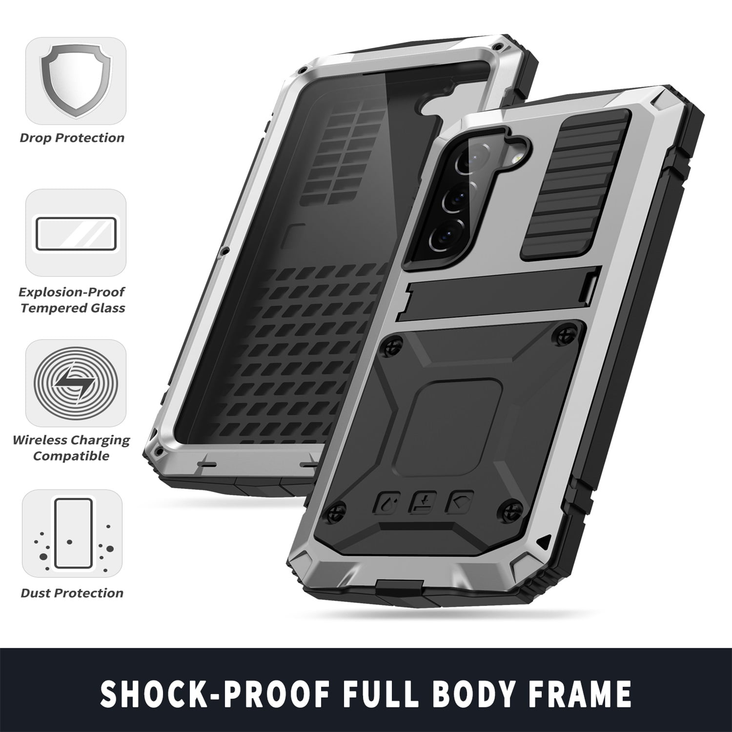 ELEHOLD for Samsung Galaxy S23 Plus 6.6" Case, Heavy Duty Armor Built-in Explosion-Proof Tempered Glass Screen Protector Wireless Charging Hang Rope Hidden Kickstand Shockproof Rugged Case,Silver