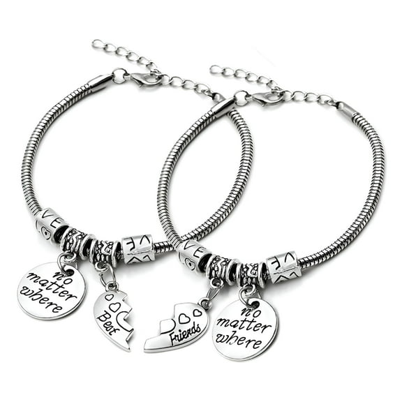 DESIGNICE 2Pcs Best Friend Bracelet No Matter Where Split Broken Heart Double Bangle Bracelet Set Friendship Gift