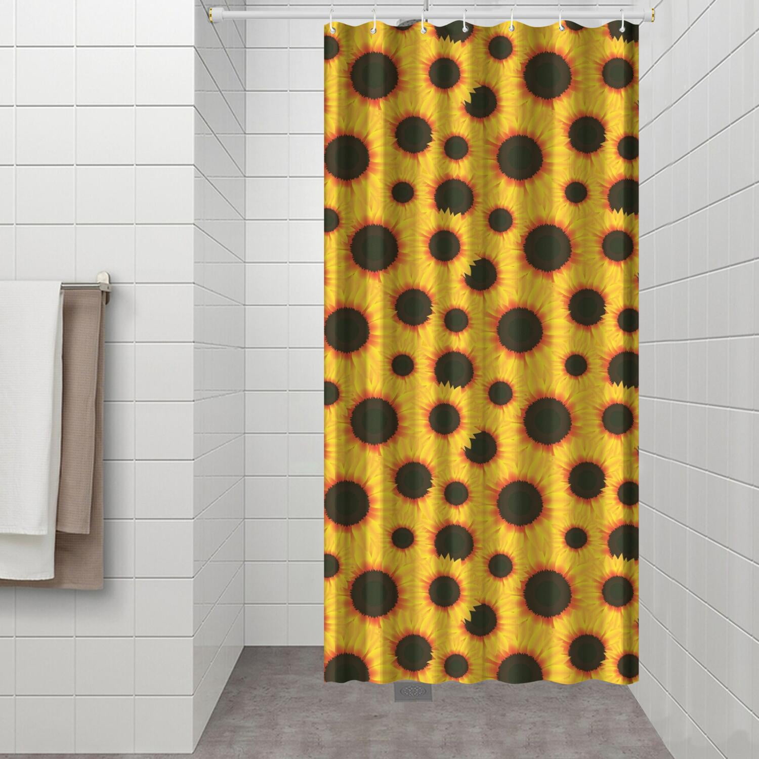 Floral Sunflower Pattern Shower Curtain Rustic Farmhouse Style Waterproof Quick-Dry Bathroom Curtain