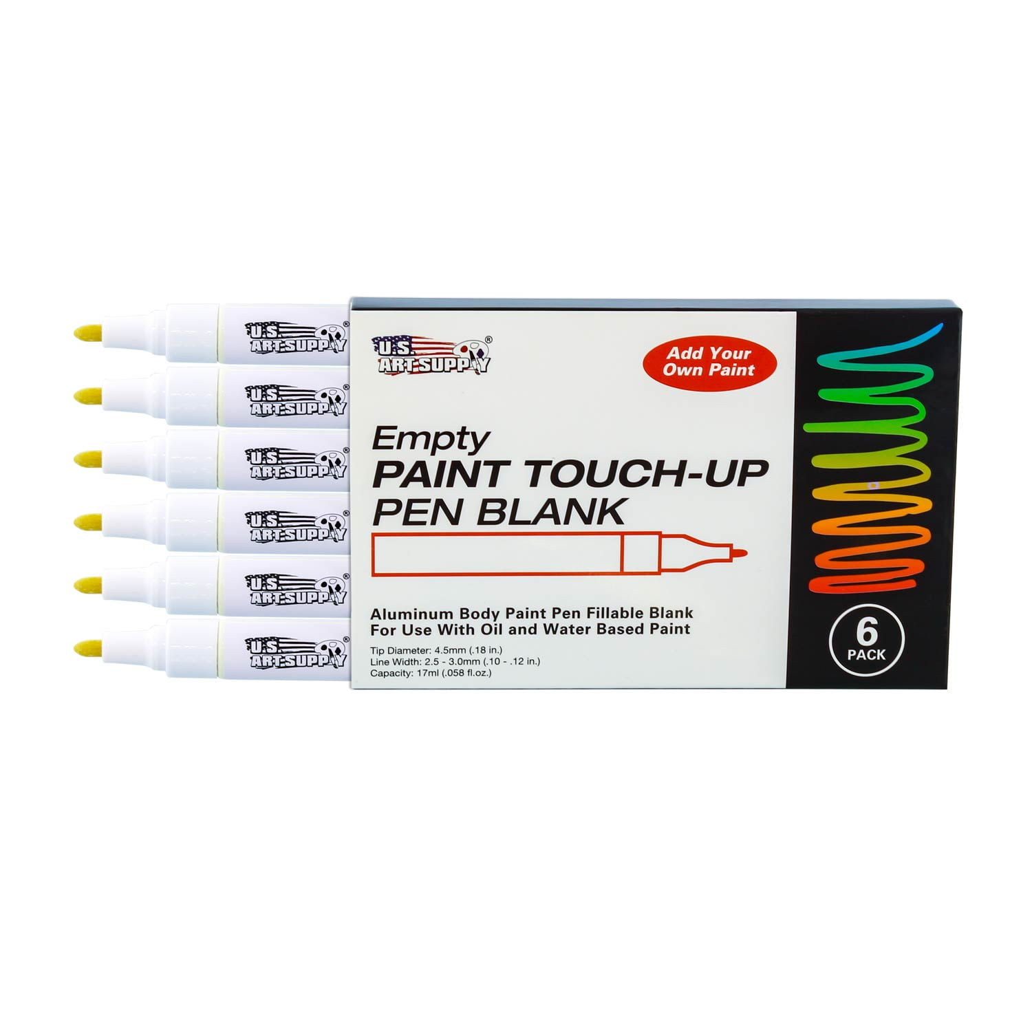 U.S. Art Supply Empty Paint Touch-Up Marker Pen Blank - Aluminum Body Fillable 4.5mm tip (Pack of 6)