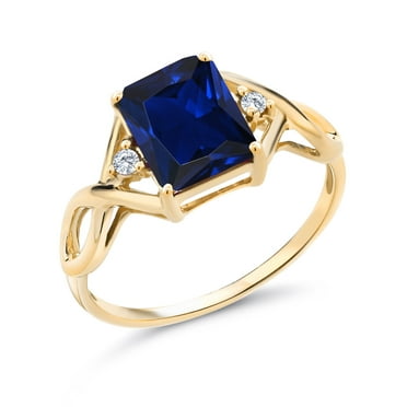 Gem Stone King 2.73 Cttw Blue Created Sapphire and Lab Grown Diamond Ring for Women | 18K Yellow Gold Plated Silver | Gemstone Birthstone | Emerald Cut 9X7MM | Size 9