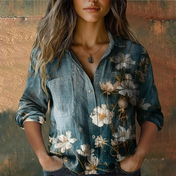 Cotton Shirt, Printed Button Up, 7/4 Sleeves Casual Top, Fashionable, Blue 4XL, Size S-XXXXXL