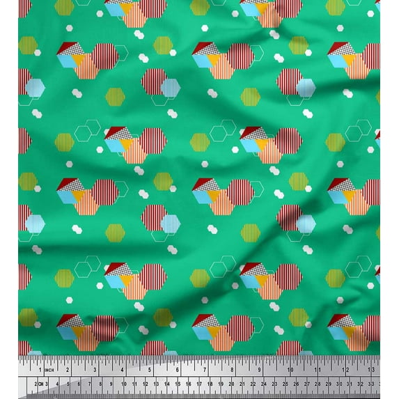 Soimoi Green Velvet Fabric Octagon Art Geometric Print Fabric by Yard 58 Inch Wide