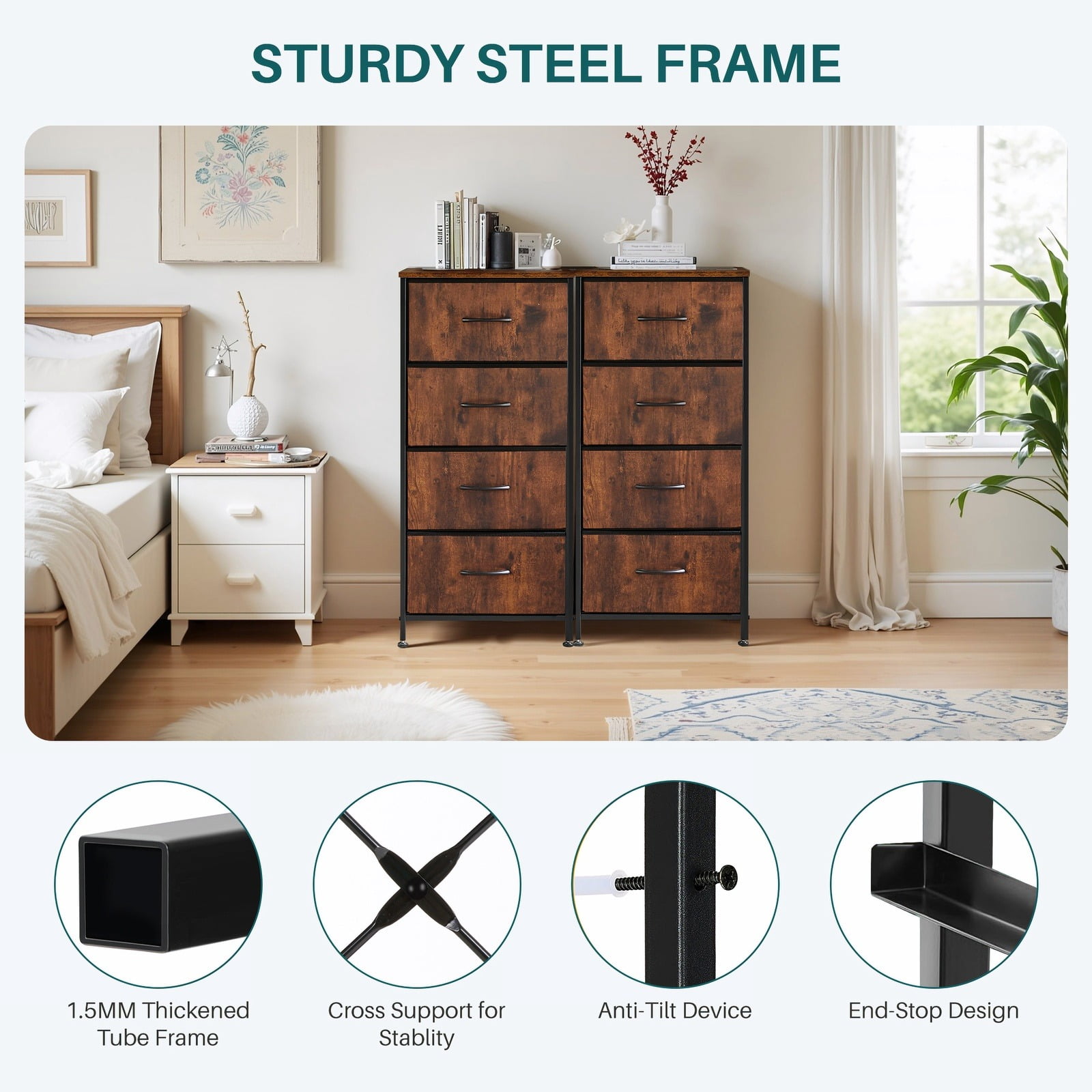 Nextay 4-Drawer Fabric Dresser for Bedroom, Storage Dresser Closet with Steel Frame & Wooden Top for Living Room, Dressing Room, Brown